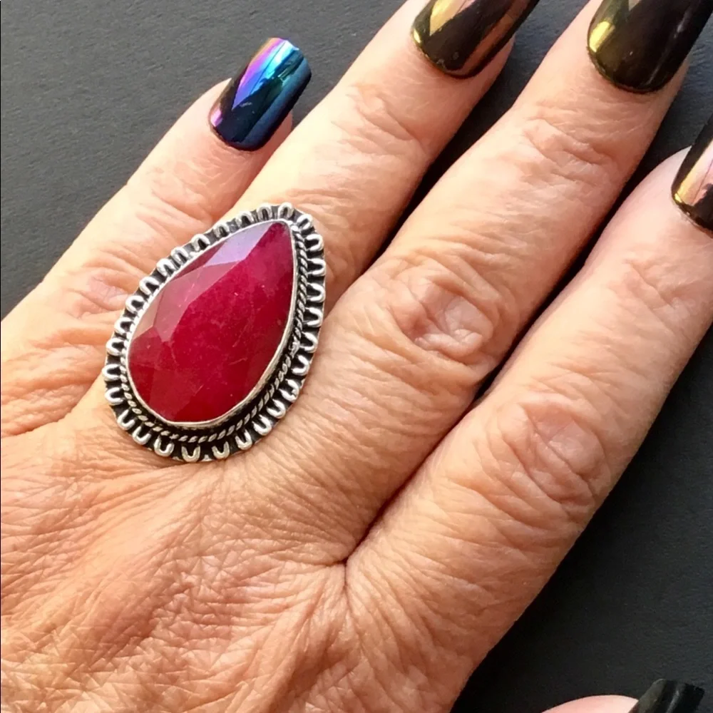 Large Red Ruby Gemstone Ring Tear Drop Style Faceted Handmade Size 6.5